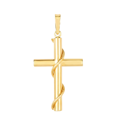 14K Gold Tube Cross with Rope Detail